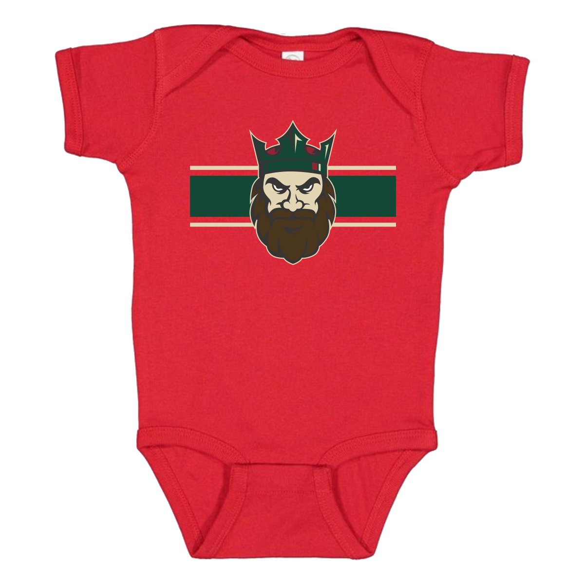 Red baby onesie with a graphic of a bearded man's face wearing a crown centered on a dark green horizontal stripe with beige lines above and below it.