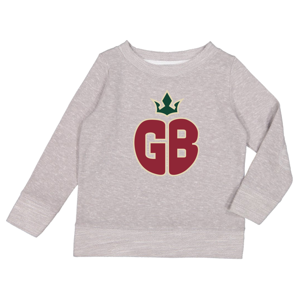 rabbit_skins_crewneck_sweatshirt Light gray long-sleeve sweatshirt with a maroon and beige logo featuring the letters 'GB' topped by a green and beige crown in the center front.