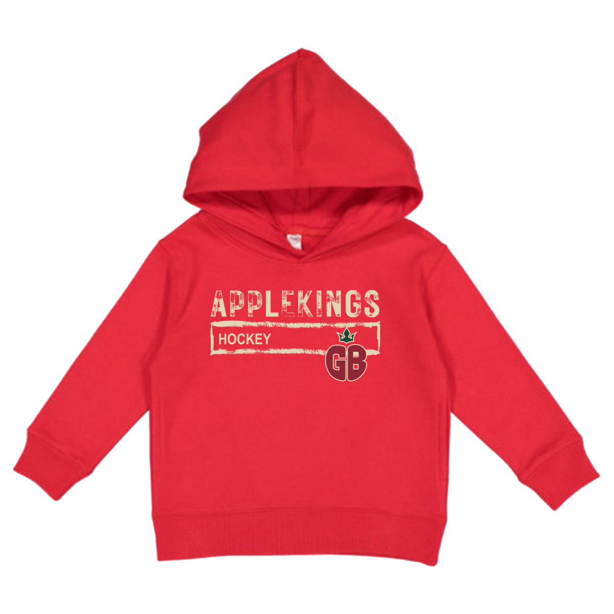 Red children's hoodie with the text 'APPLEKINGS HOCKEY' and a logo featuring 'GB' inside an apple graphic on the front