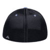 Back view of a black mesh baseball cap with light blue stitching, light blue eyelets, and a small gray embroidered logo on the lower left side.