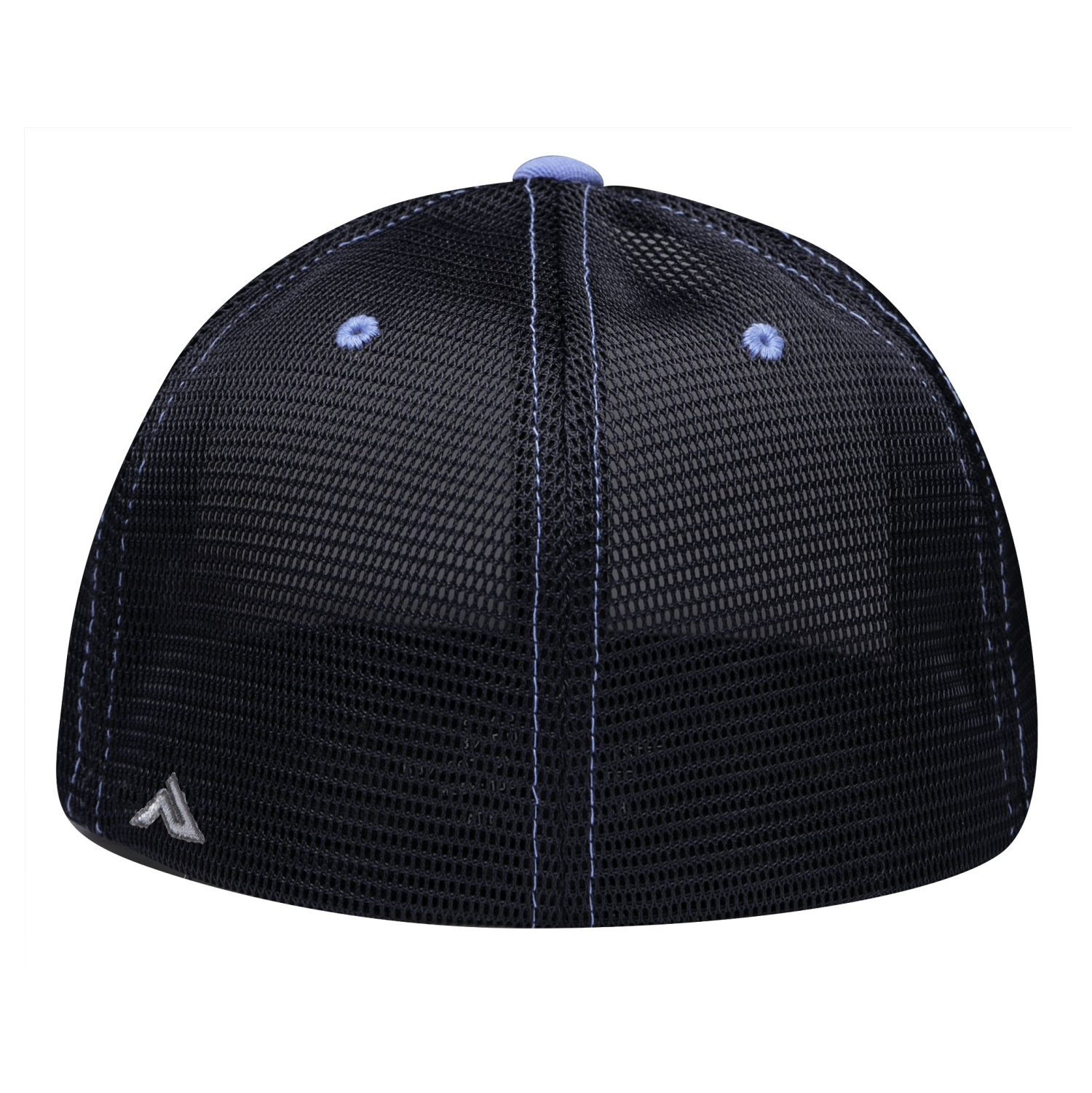 Back view of a black mesh baseball cap with light blue stitching, light blue eyelets, and a small gray embroidered logo on the lower left side.