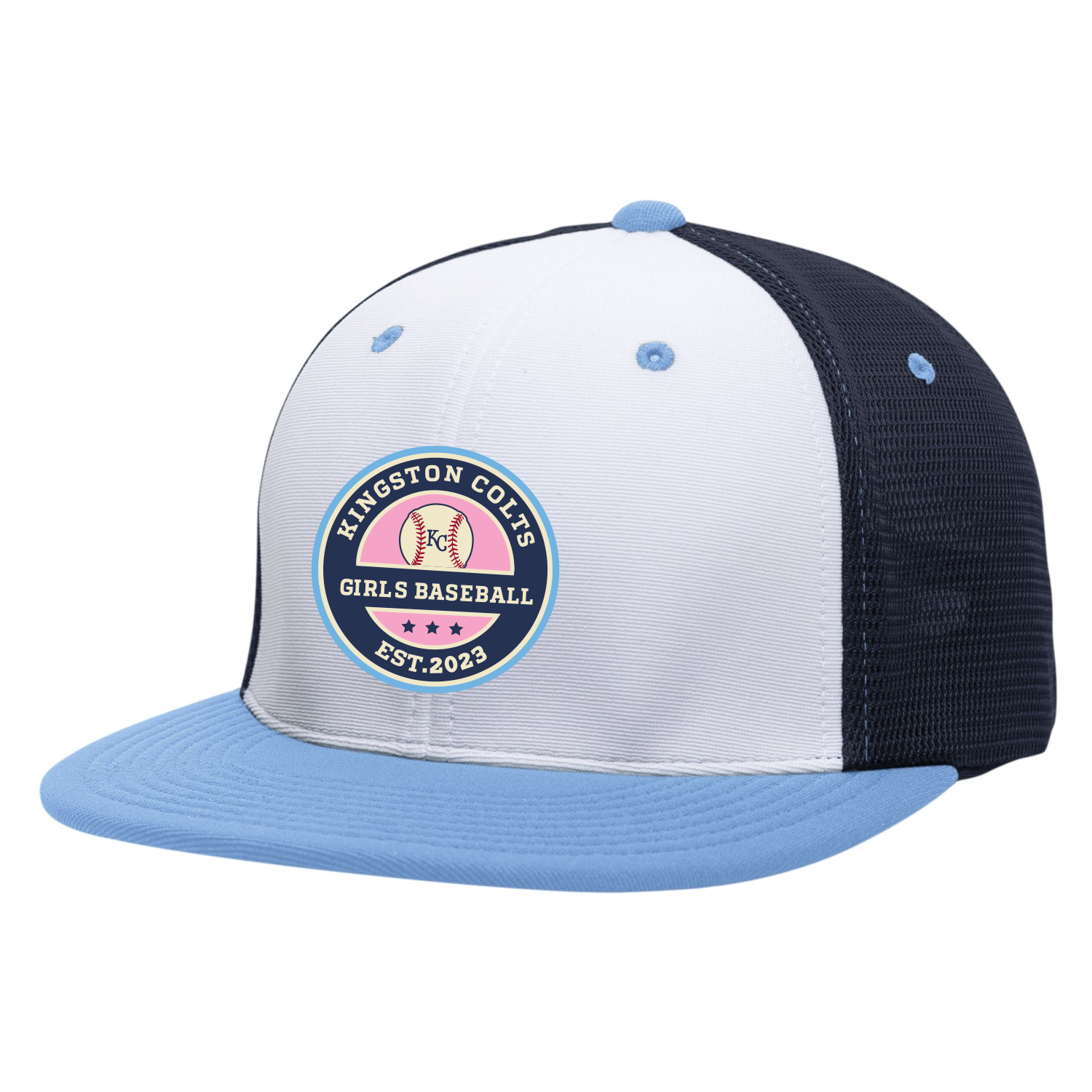 A baseball cap with a white front panel, light blue brim and button, and dark blue mesh sides and back, featuring a circular logo on the front that reads "Kingston Colts Girls Baseball Est. 2023" with a baseball graphic in the center.