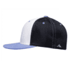 Side view of a baseball cap with a light blue bill, white front panel, and black mesh back panels with light blue accents and stitching.
