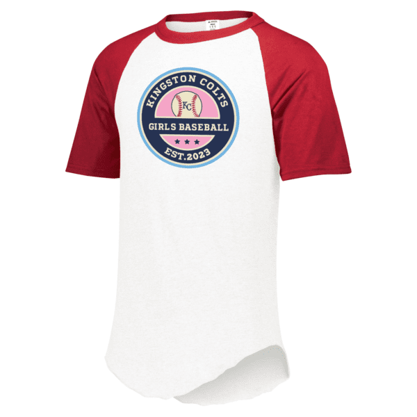 White and red raglan baseball t-shirt with Kingston Colts Girls Baseball logo in navy blue and pink, featuring a baseball and three stars, established in 2023