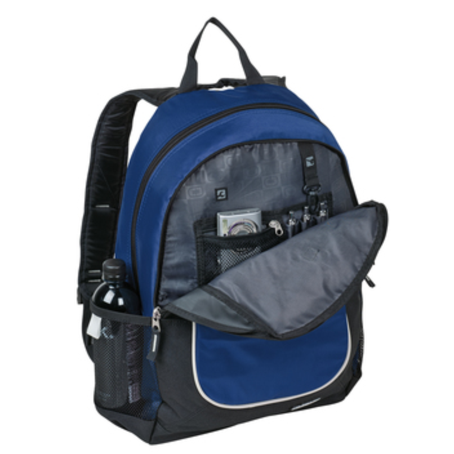 kingston_colts_carbon_backpack_2 Blue and black backpack with front compartment open showing mesh pocket with small items inside and a water bottle in the side mesh pocket.