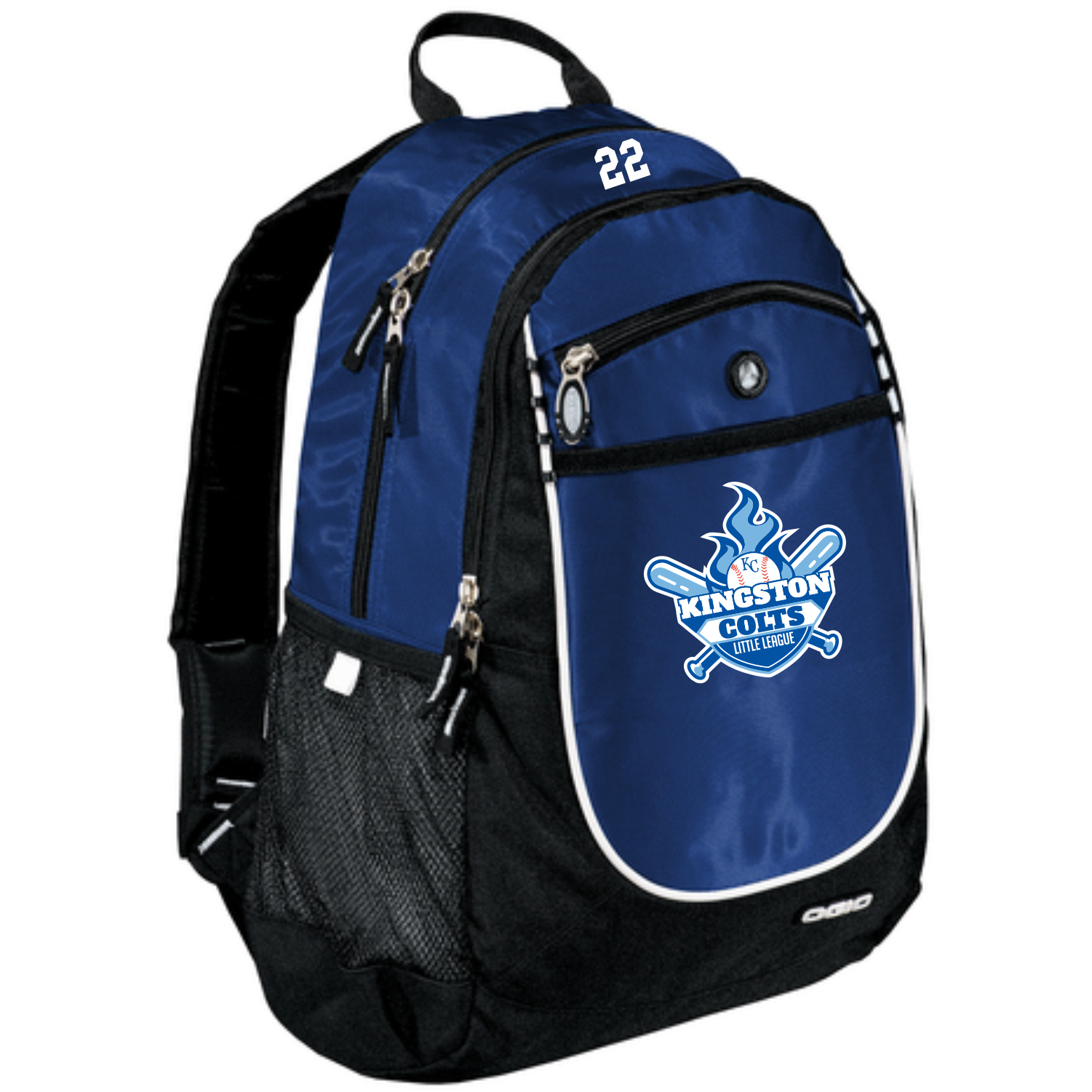 kingston_colts_carbon_backpack_3 Blue and black backpack with multiple zippered compartments featuring a Kingston Colts Little League logo with baseball bats and flames, and white number 22 on the top section.