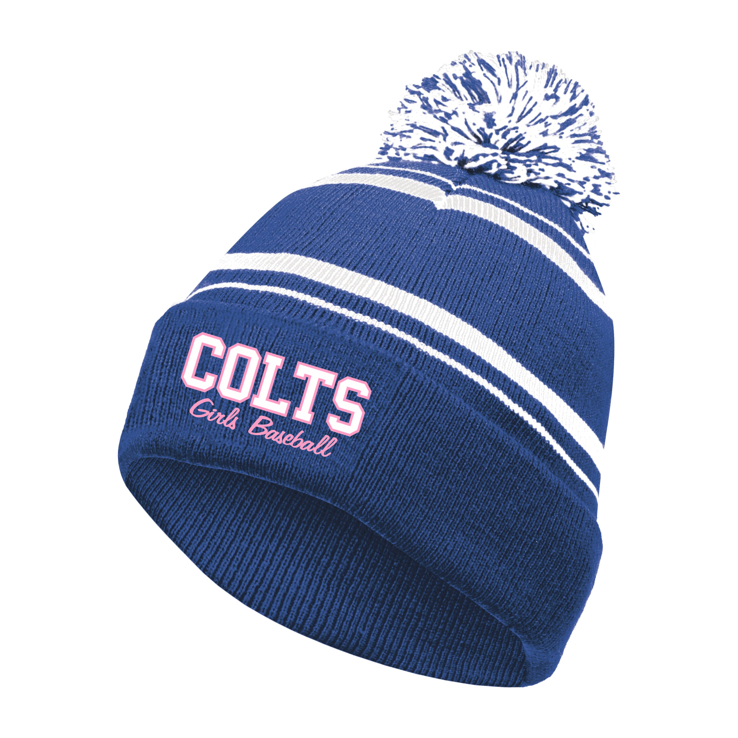 Blue knitted beanie with pom-pom featuring "COLTS Girls Baseball" text in pink and white stripes design, perfect for showing team spirit while keeping warm.