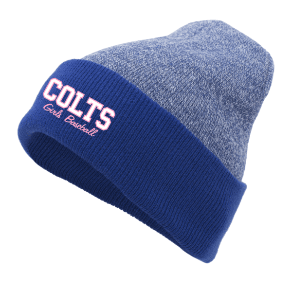 Blue knit beanie with "COLTS Girl Baseball" embroidered in white and pink, ideal for fans looking to support their team while staying warm.