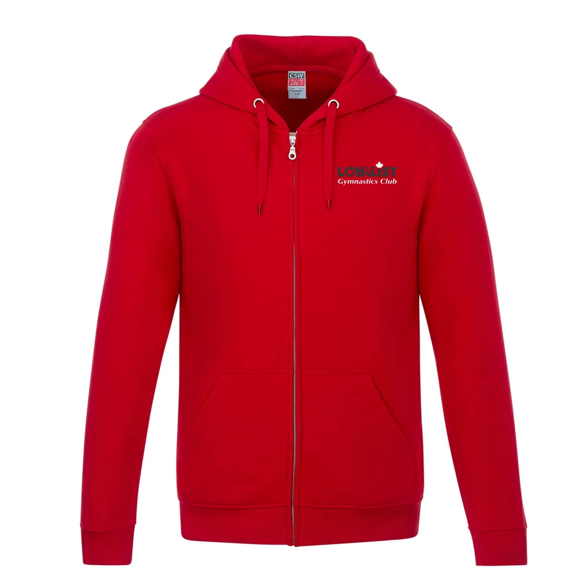lgc_full_zip_hooded_sweatshirt_red Red zip-up hoodie featuring the Loyalist Gymnastics Club logo, designed for comfort and warmth during training or casual wear. Ideal for gymnasts and supporters.