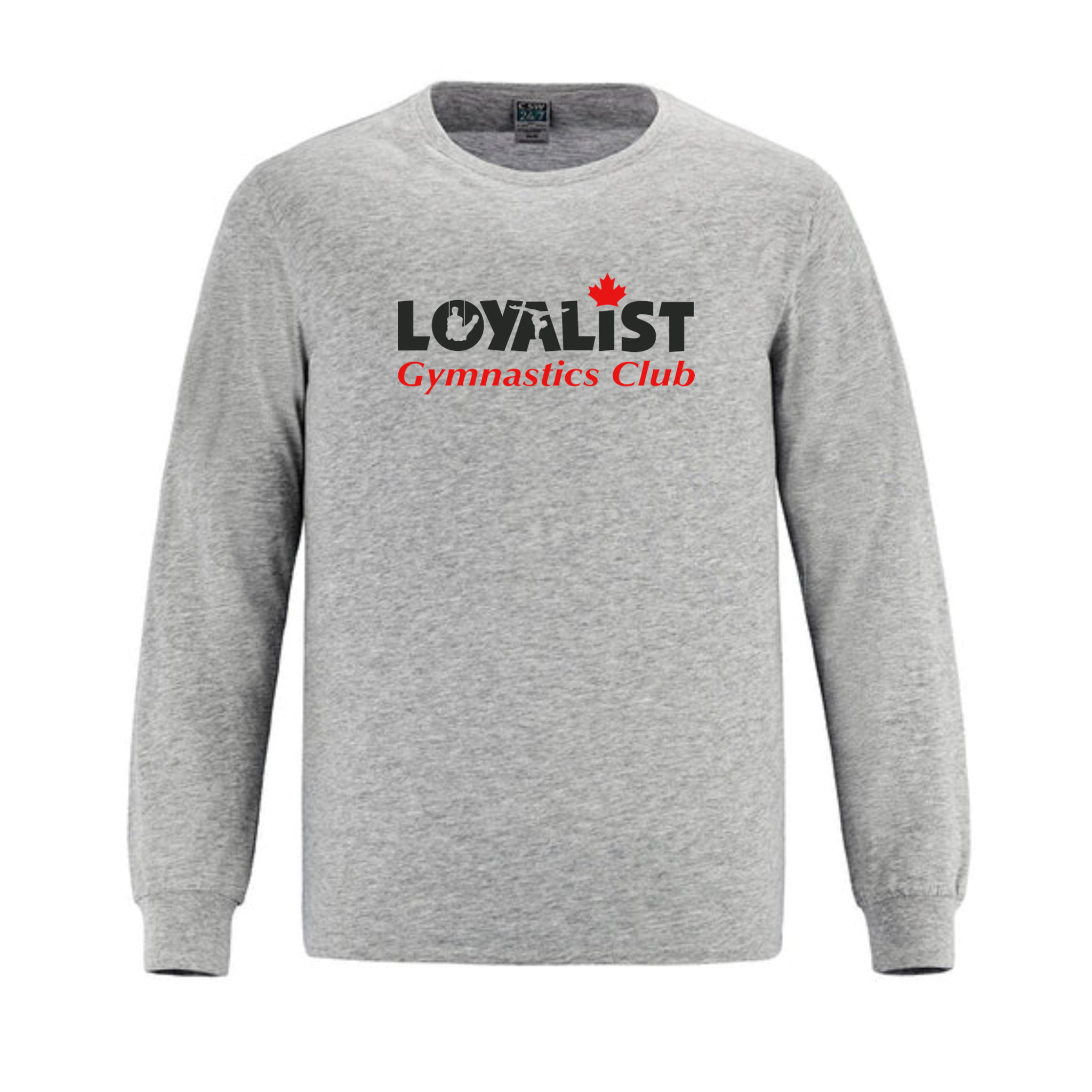 lgc_long_sleeve_tshirt_sport_grey Long-sleeve grey t-shirt featuring the "Loyalist Gymnastics Club" logo, designed for athletes and supporters of the gymnastics community. Ideal for team events and training sessions.