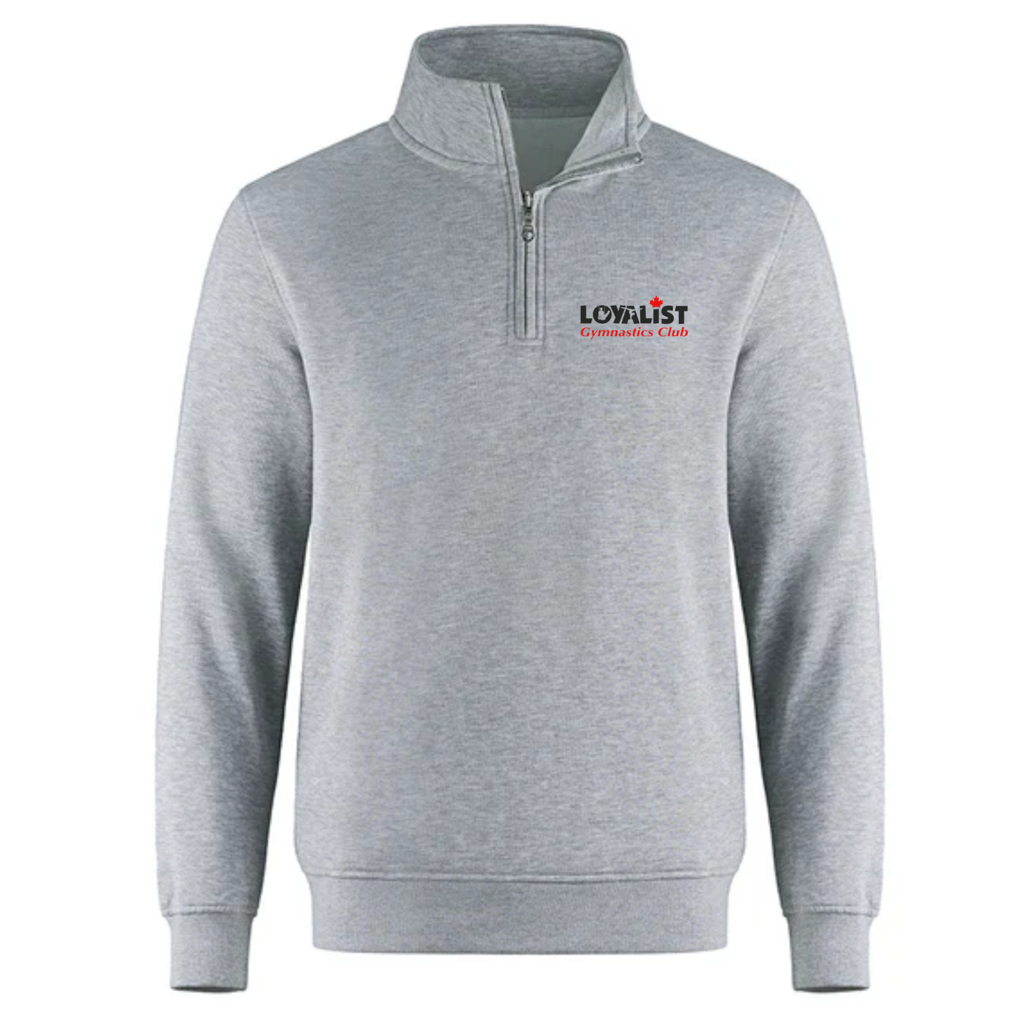 lgc_quarter_zip_sport_grey Canada Sportswear L00545 Flux 70% ring spun combed cotton, 30% polyester fleece sport gray zip-up sweatshirt featuring the "Loyalist Gymnastics Club" logo, ideal for casual wear or team apparel.