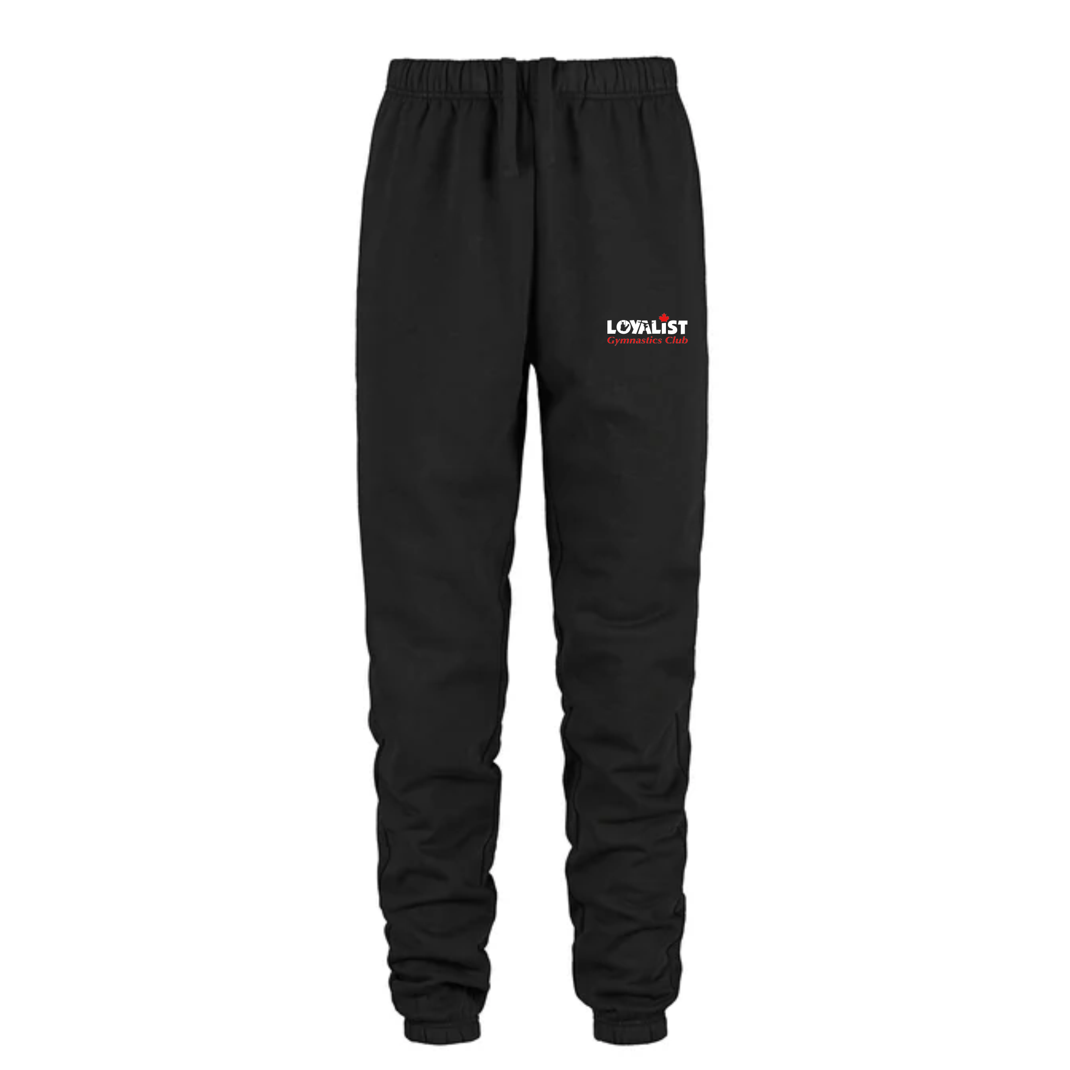 Canada Sportswear P00595 Dash 60% cotton, 40% polyester fleece sport black sweatpants featuring the Loyalist Gymnastics Club logo, designed for comfort and athletic wear. Perfect for workouts or casual lounging.