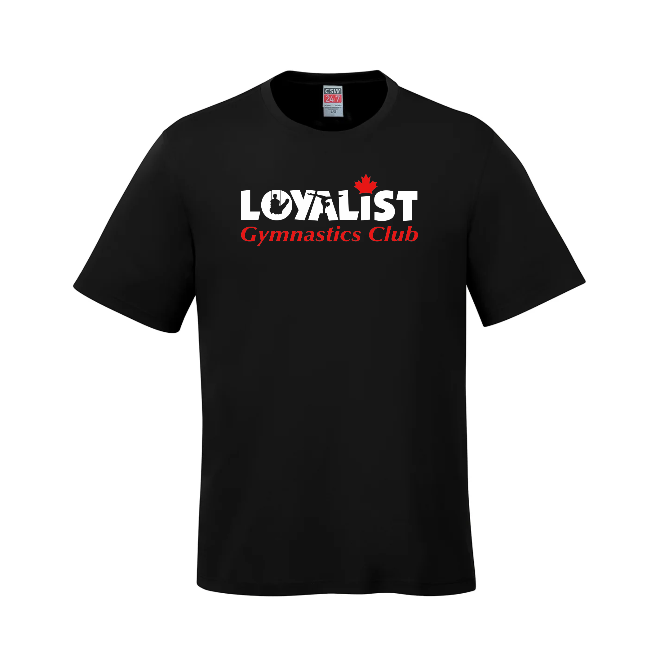 lgc_tshirt_black Canada Sportswear S5610 Parkour 100% ring spun cotton black t-shirt featuring the "Loyalist Gymnastics Club" logo in white and red with a Canadian maple leaf design, perfect for gymnastics enthusiasts and club members.