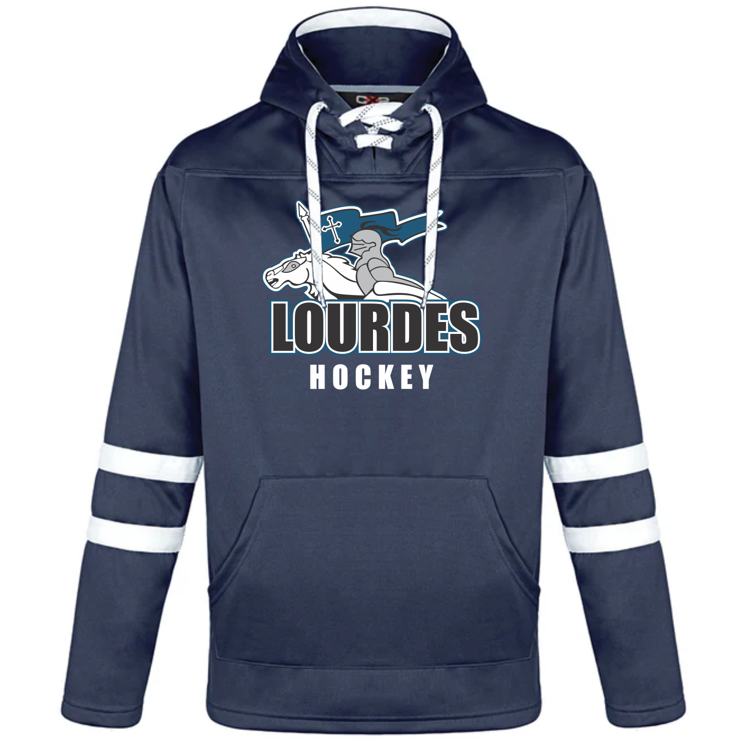 olol_dangel_hoodie Navy blue hockey hoodie with white drawstrings and two white stripes on each sleeve, featuring a logo of a knight on a horse with a flag and the text 'LOURDES HOCKEY' on the front.