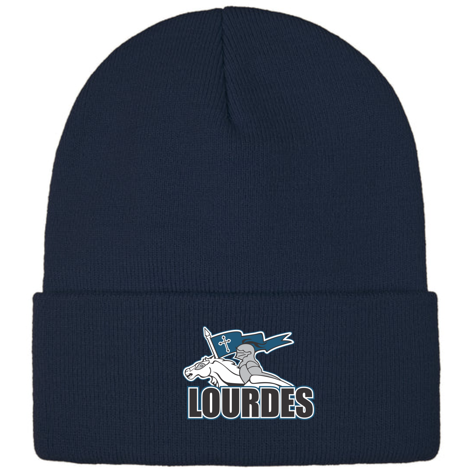 Navy blue knit beanie with a logo on the cuff featuring a knight in armor holding a flag with a cross, riding a horse, and the word 'LOURDES' in bold letters beneath the image.