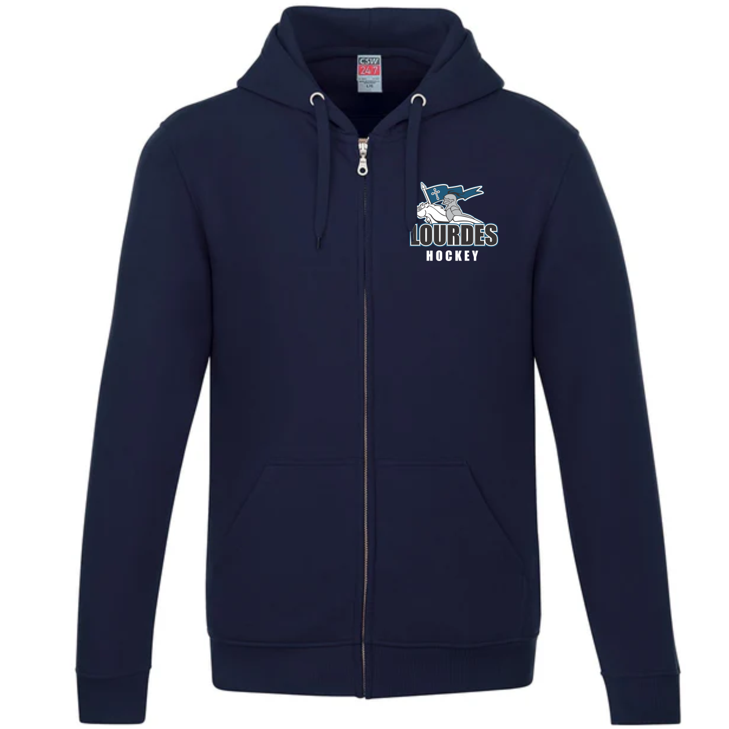 Navy blue zip-up hoodie with a hood and drawstrings, featuring a small logo on the left chest with a knight holding a flag and the text 'Lourdes Hockey'