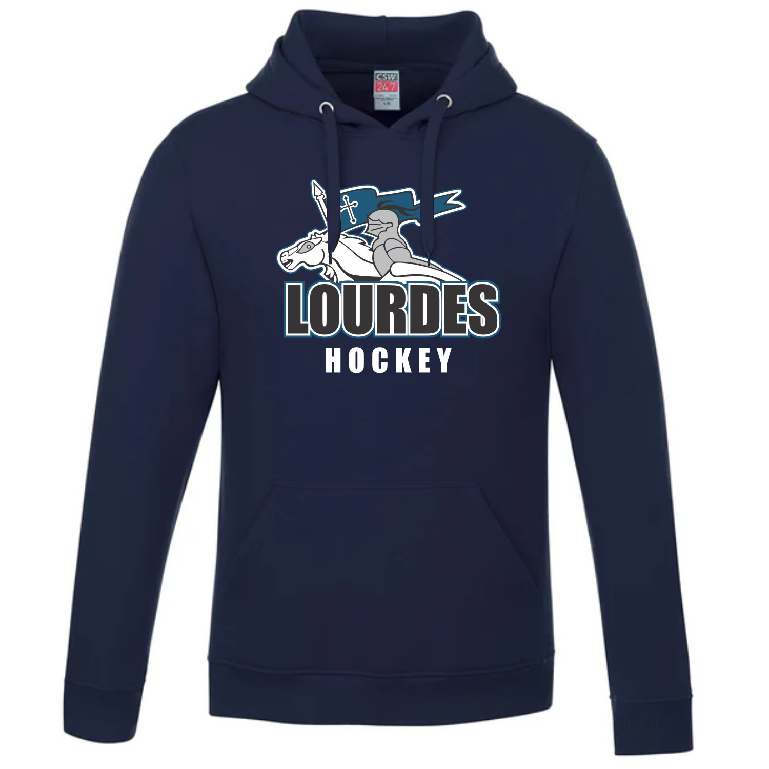 Navy blue hoodie with a graphic of a knight on a horse holding a spear and a flag above the text 'LOURDES HOCKEY' printed on the front.