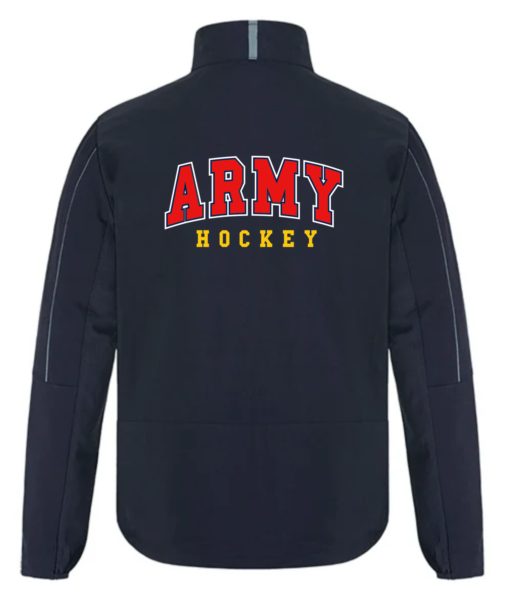 Back view of a black jacket with the words ARMY in large red letters and HOCKEY in smaller yellow letters printed on the upper back.