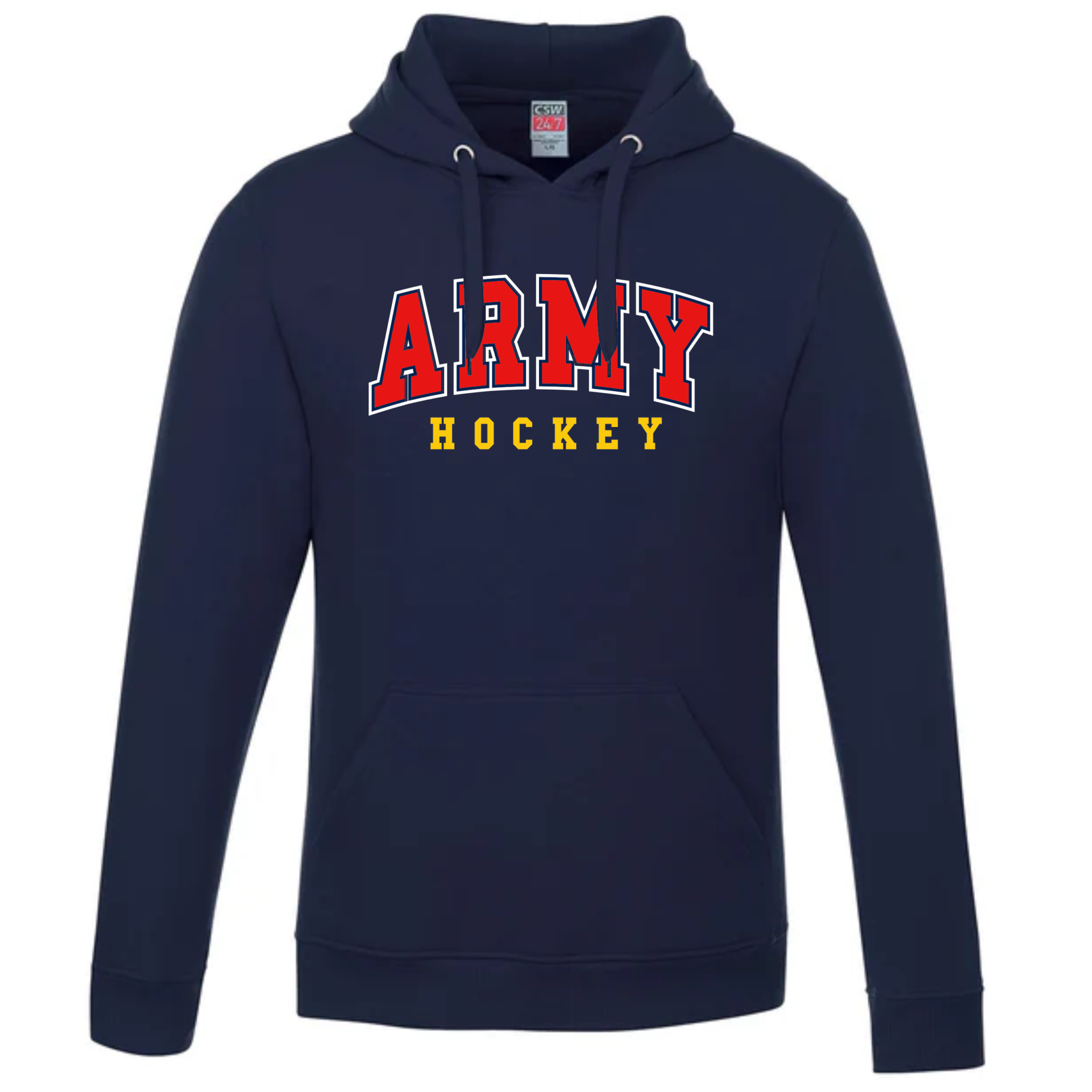 Navy blue hoodie with a front pocket and drawstrings, featuring the words ARMY in large red letters and HOCKEY in smaller yellow letters below it on the chest.