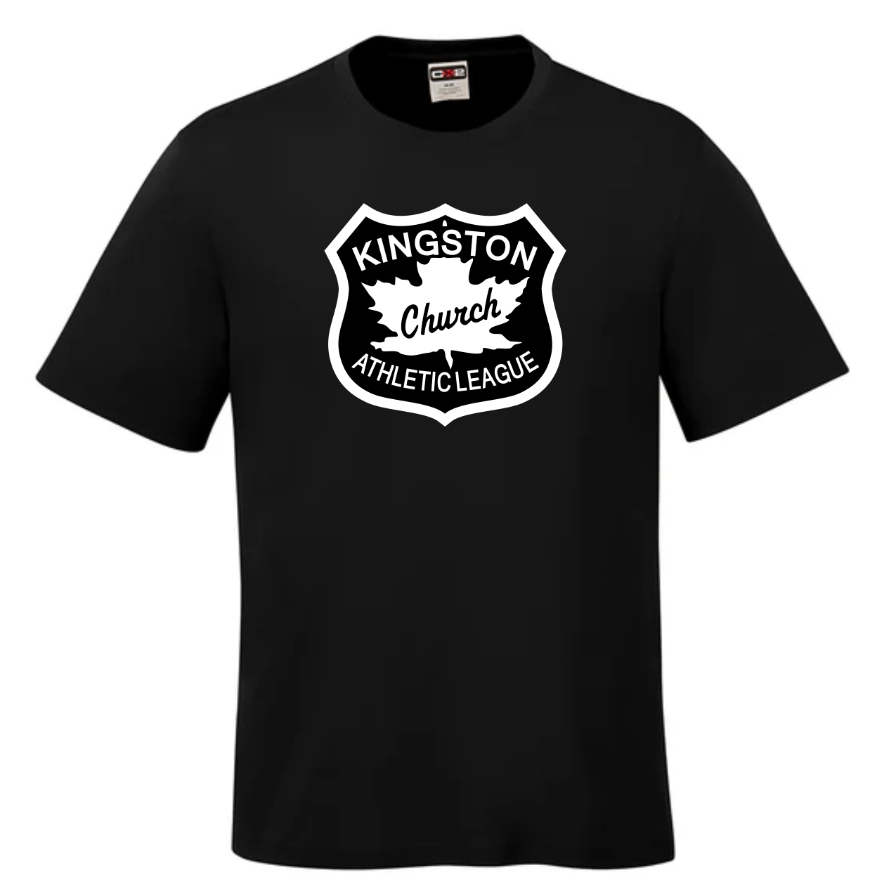 Canada Sportswear S05935 Coast 100% polyester wicking knit performance black t-shirt featuring a white graphic design with the text "Kingston Church Athletic League," suitable for sports events and community activities.