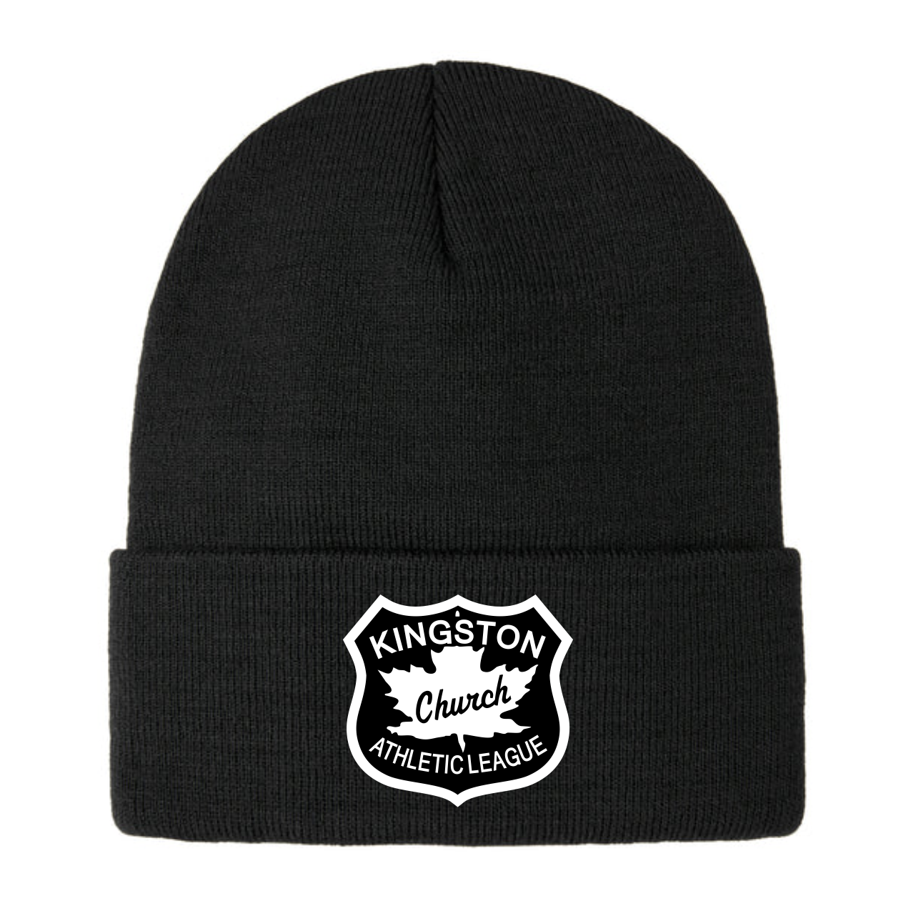 Sportsman SP12 12" 100% acrylic Solid Cuffed black beanie hat featuring the "Kingston Church Athletic League" logo, ideal for sports enthusiasts and community members. Perfect accessory for warmth and team spirit during colder seasons.
