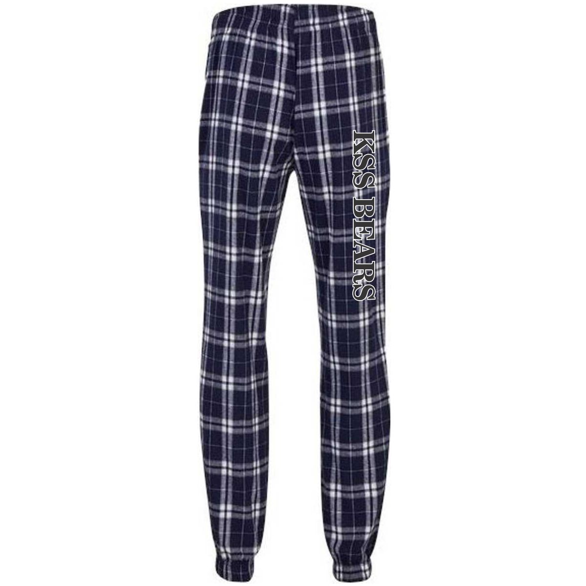 Boxercraft BM6625 navy plaid pajama pants featuring 'KSS BEARS' logo, designed for comfort and casual wear. Ideal for lounging or sleep, made from soft fabric for a cozy fit.