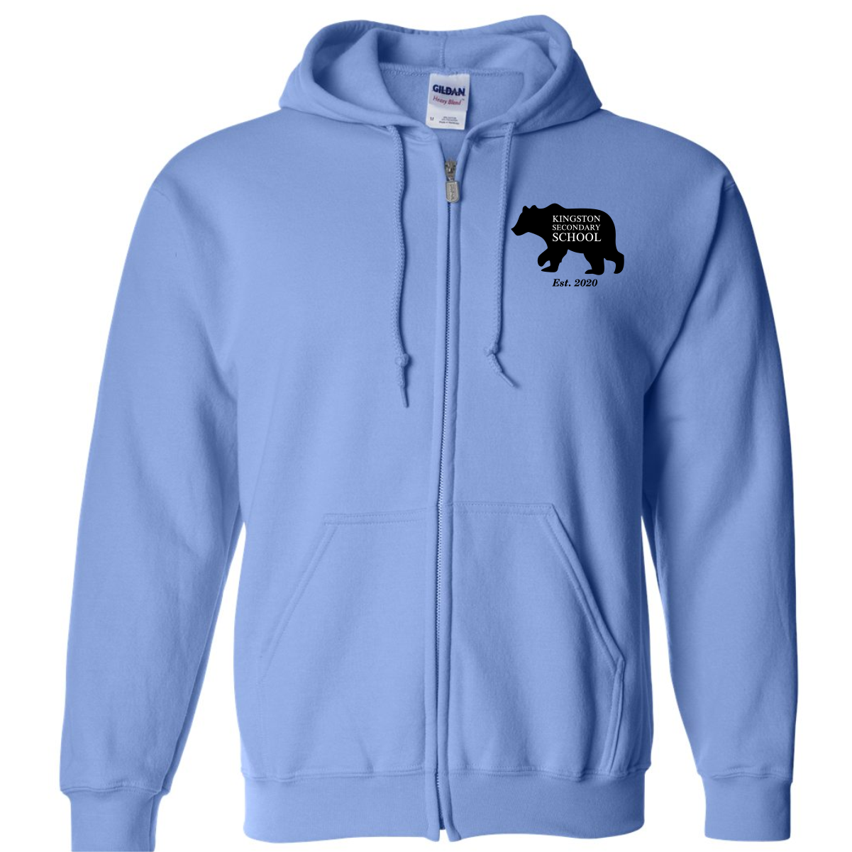 Gildan 18600 Heavyblend 50% cotton 50% polyester carolina blue zip-up hoodie featuring the Kingston Secondary School logo with a bear graphic, established in 2020. Ideal for school spirit and comfortable casual wear.