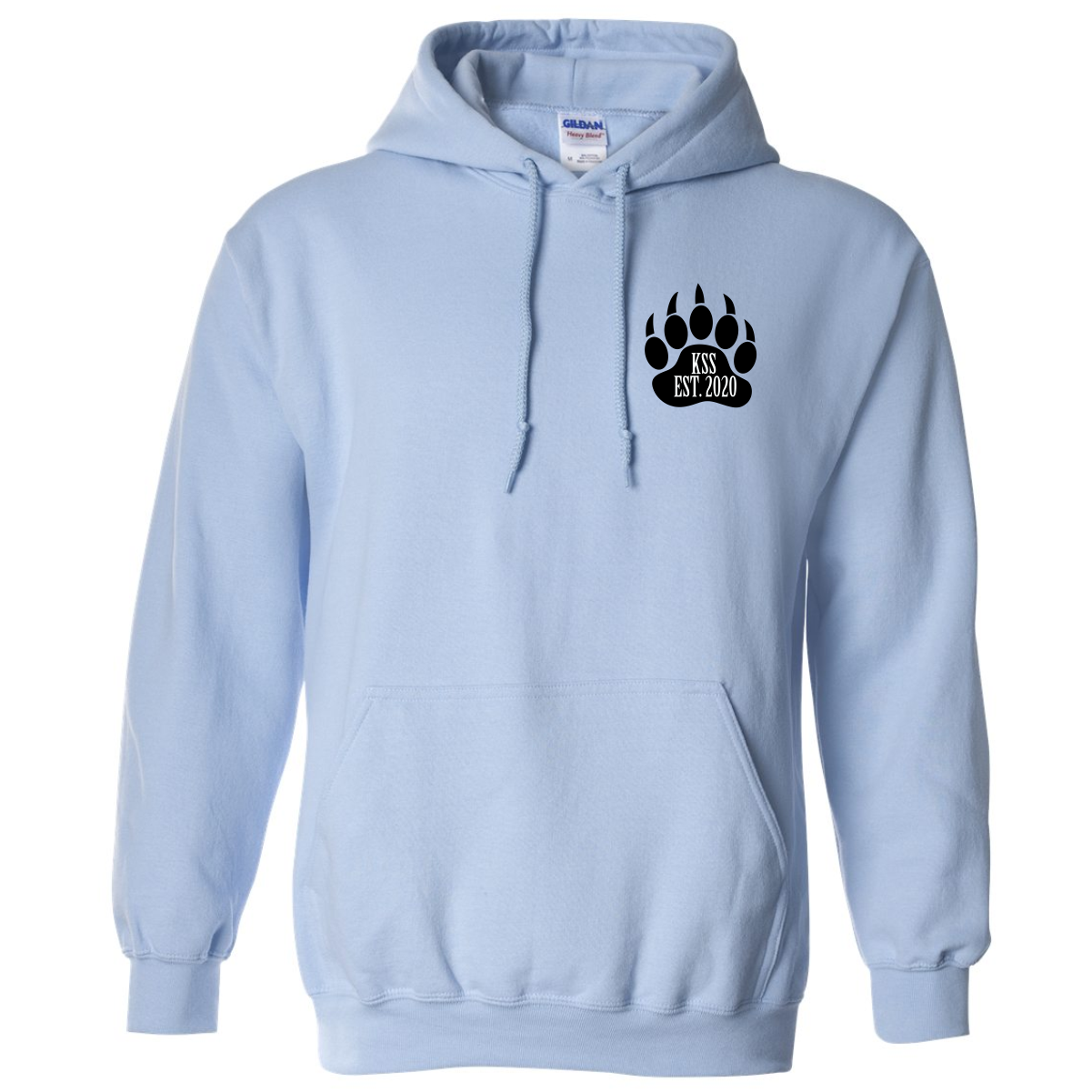 Gildan 18500 Heavyblend 50% cotton 50% polyester light blue hoodie featuring a black bear paw print logo with "KSS EST. 2020" text, ideal for casual wear and comfort. Perfect for showcasing school spirit or team pride.