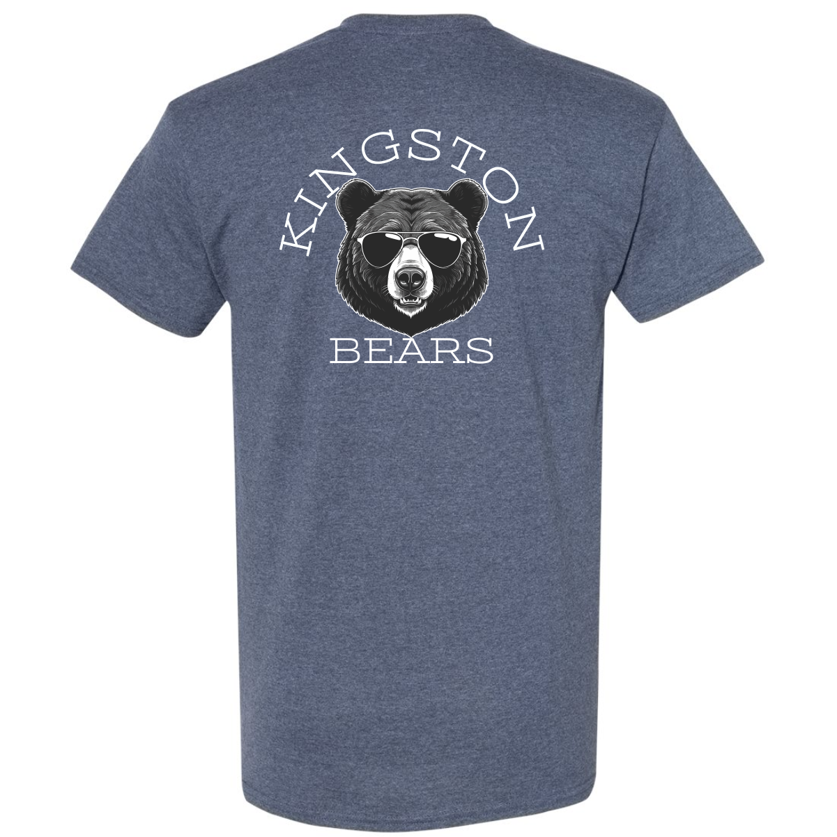 Men's blue t-shirt featuring a graphic of a bear wearing sunglasses and the text "Kingston Bears" on the back, ideal for sports fans and casual wear.