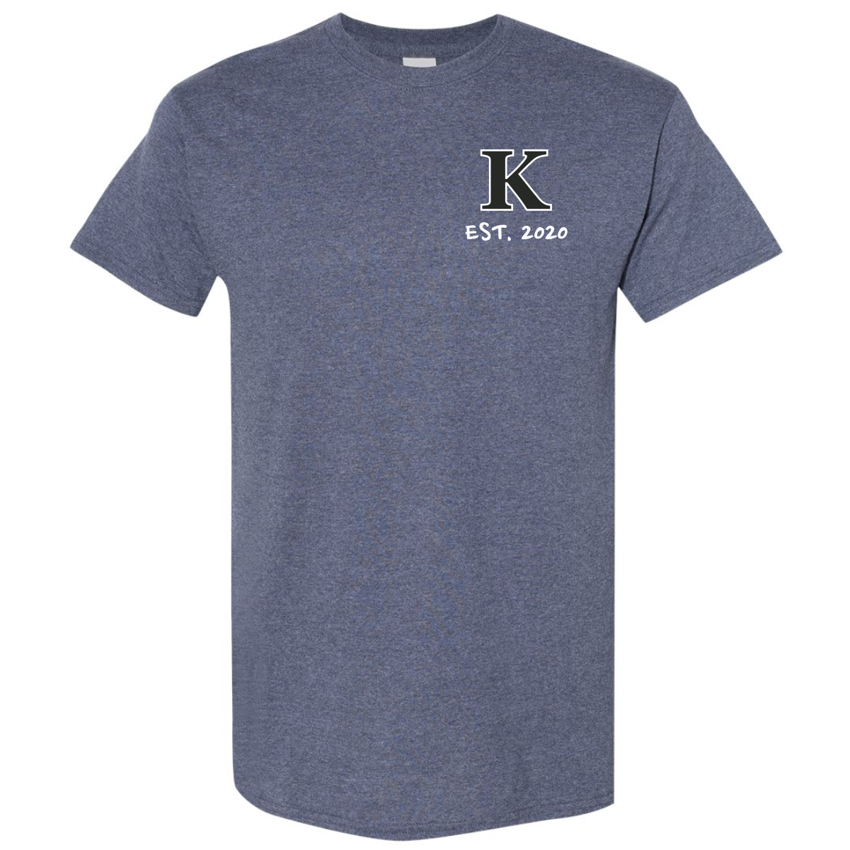 Gildan 5000 Heavycotton 100% cotton men's navy heather blue t-shirt featuring a bold letter "K" and the text "EST. 2020" on the left chest area, ideal for casual wear and branding.