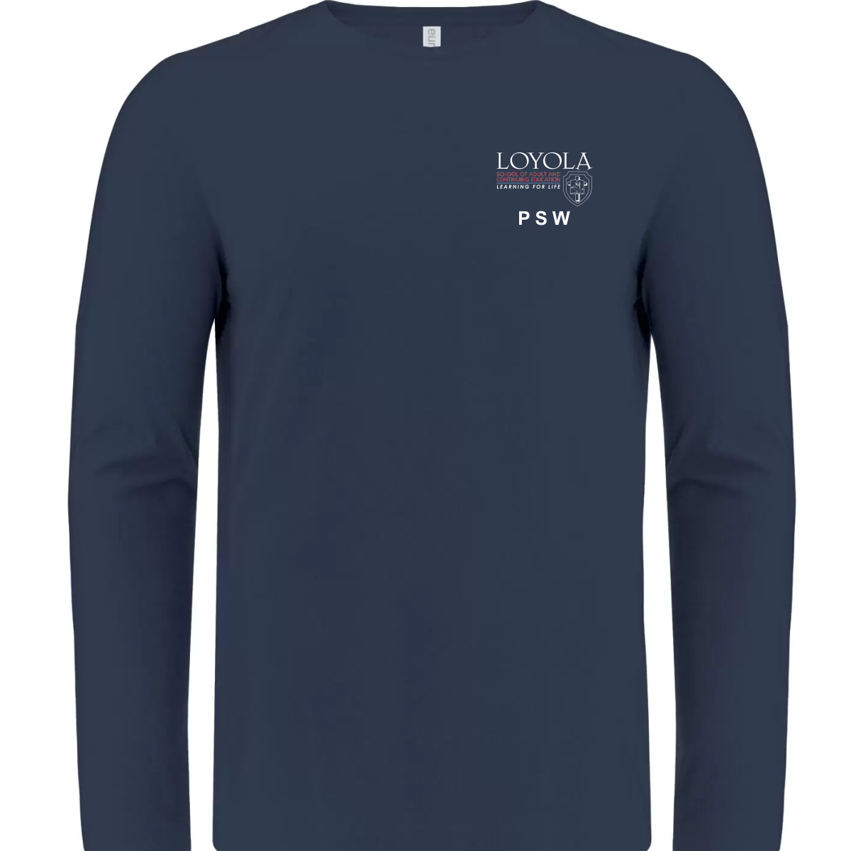 ATC 8015 Europsun 100% ring spun cotton navy blue long-sleeve t-shirt featuring the Loyola University logo and "PSW" text on the front. Ideal for casual wear and showcasing school spirit.