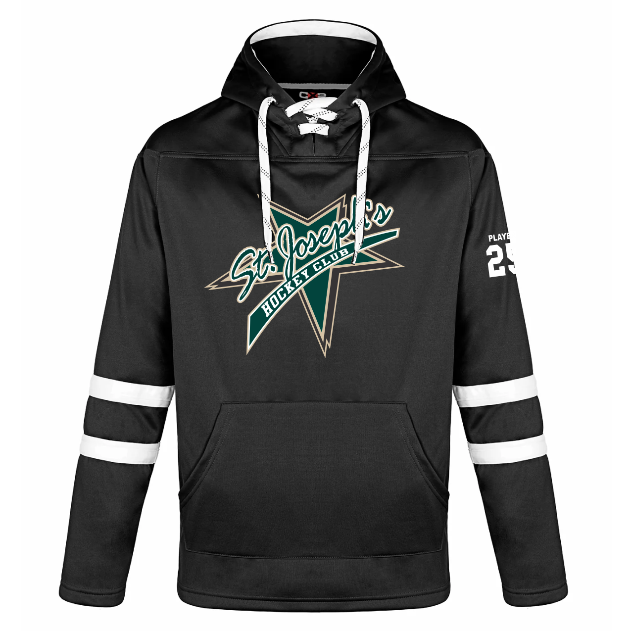 st_joe_dangler_hoodie Canada Sportswear L00617 Dangle 100% polyester black hockey hoodie featuring the "St. Joseph's Hockey Club" logo and player number 25 on the sleeve, designed for fans and athletes.