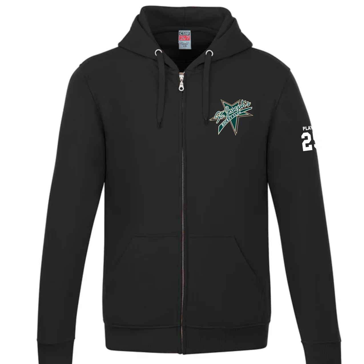 Canada Sportswear L00555 Surfer 70% Cotton 30% Polyester black zip-up hoodie featuring a St. Joseph's logo on the chest and the number 23 on the sleeve, designed for comfort and style.