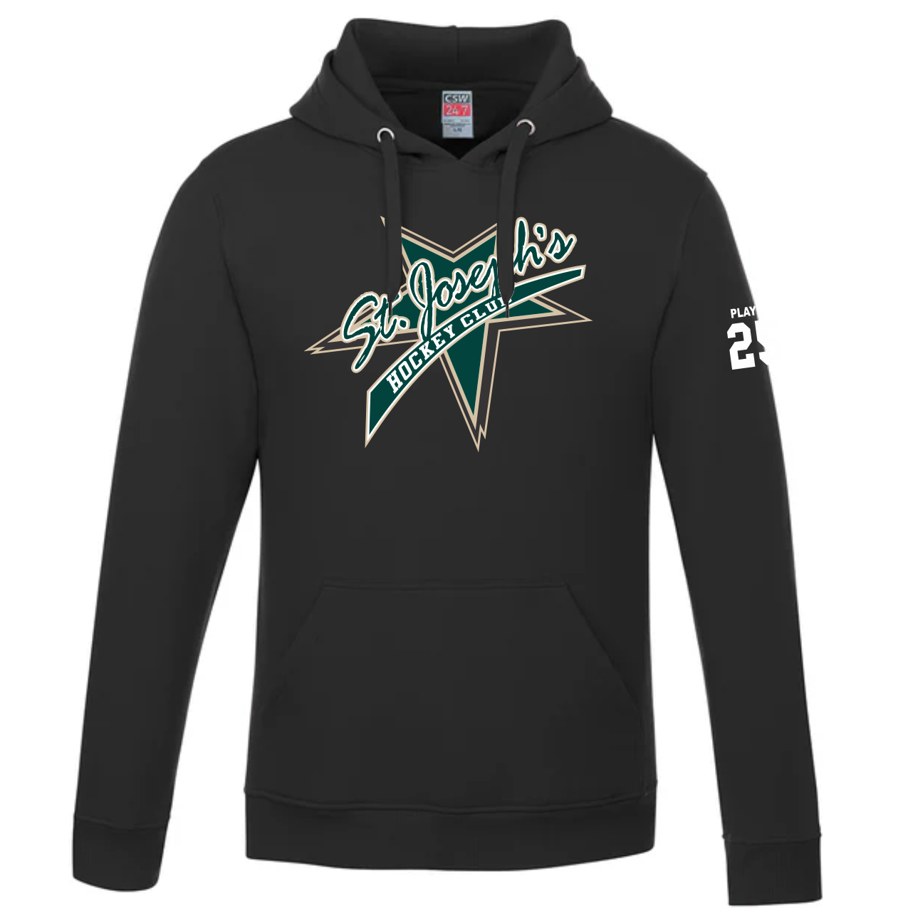 Canada Sportswear L0550 Vault 60% Cotton 40% Polyester black hoodie featuring "St. Joseph's Hockey Club" logo on the front and the player number "23" on the sleeve. Ideal for hockey fans and team spirit.