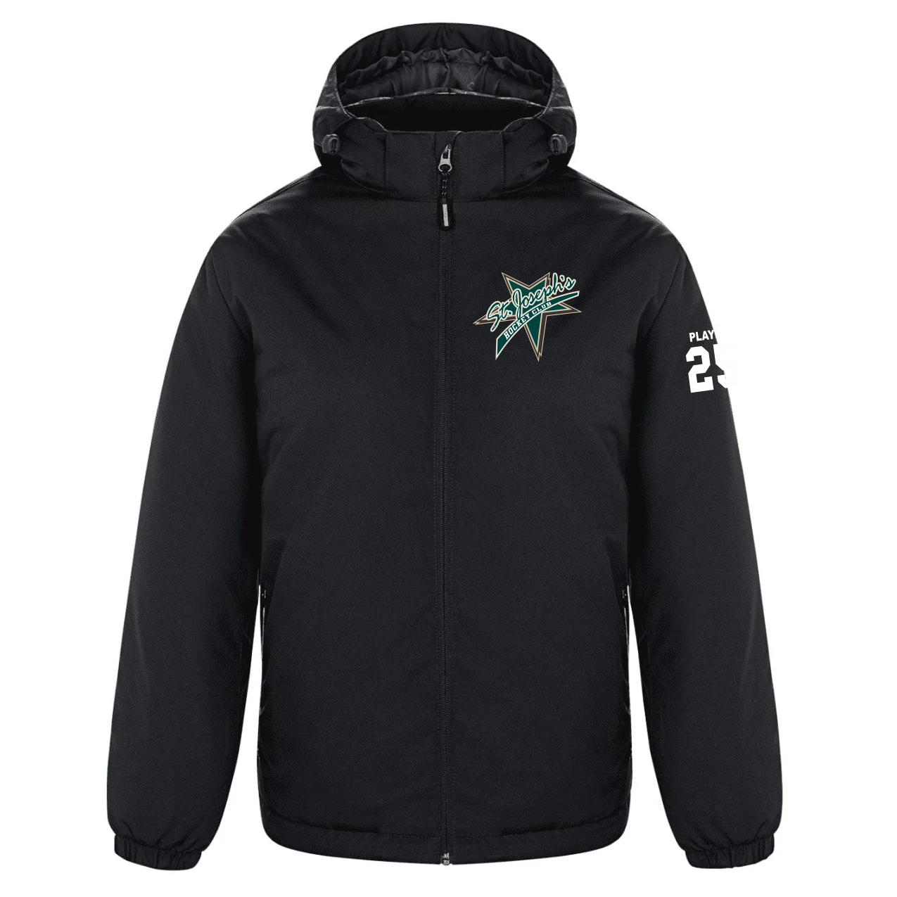 Canada Sportswear L3400 Playmaker 100% polyester dobby black insulated jacket with hood featuring the St. Joseph's sports logo on the front and the number 25 on the sleeve, designed for warmth and comfort. Perfect for sports fans and outdoor activities.