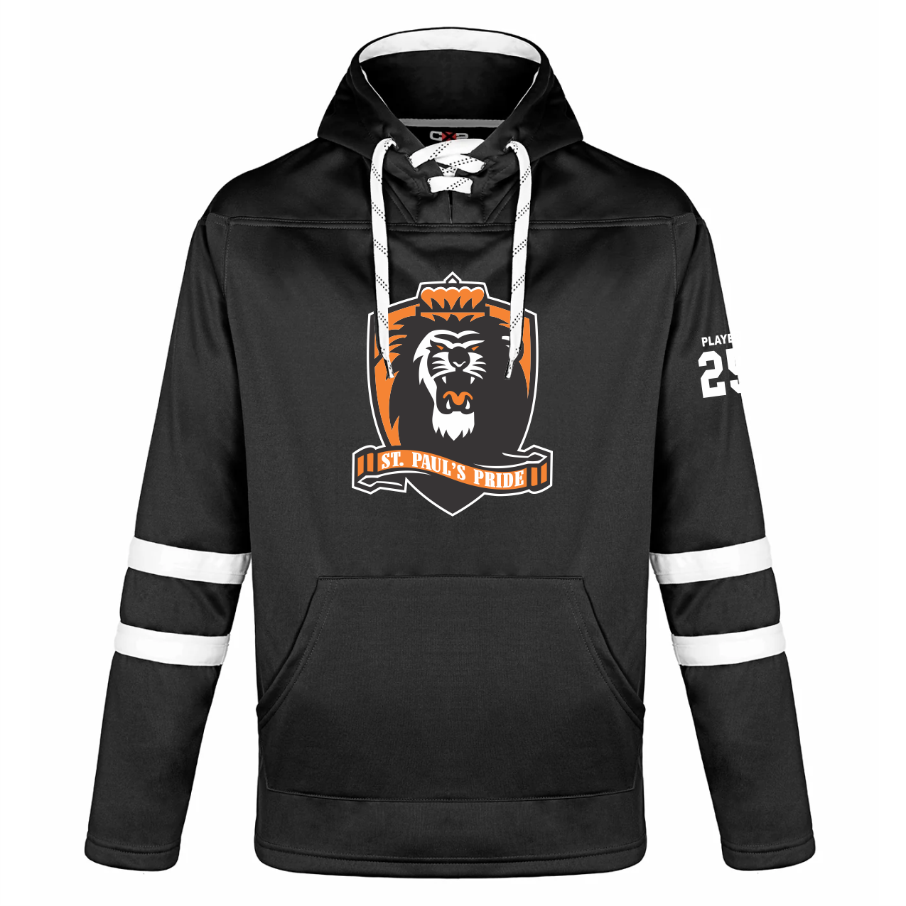 Canada Sportswear L00617 Dangle 100% polyester lack hoodie featuring the "St. Paul's Pride" logo with a lion graphic, player number 25 on the sleeve, and white stripes on the arms, perfect for sports enthusiasts and fans.