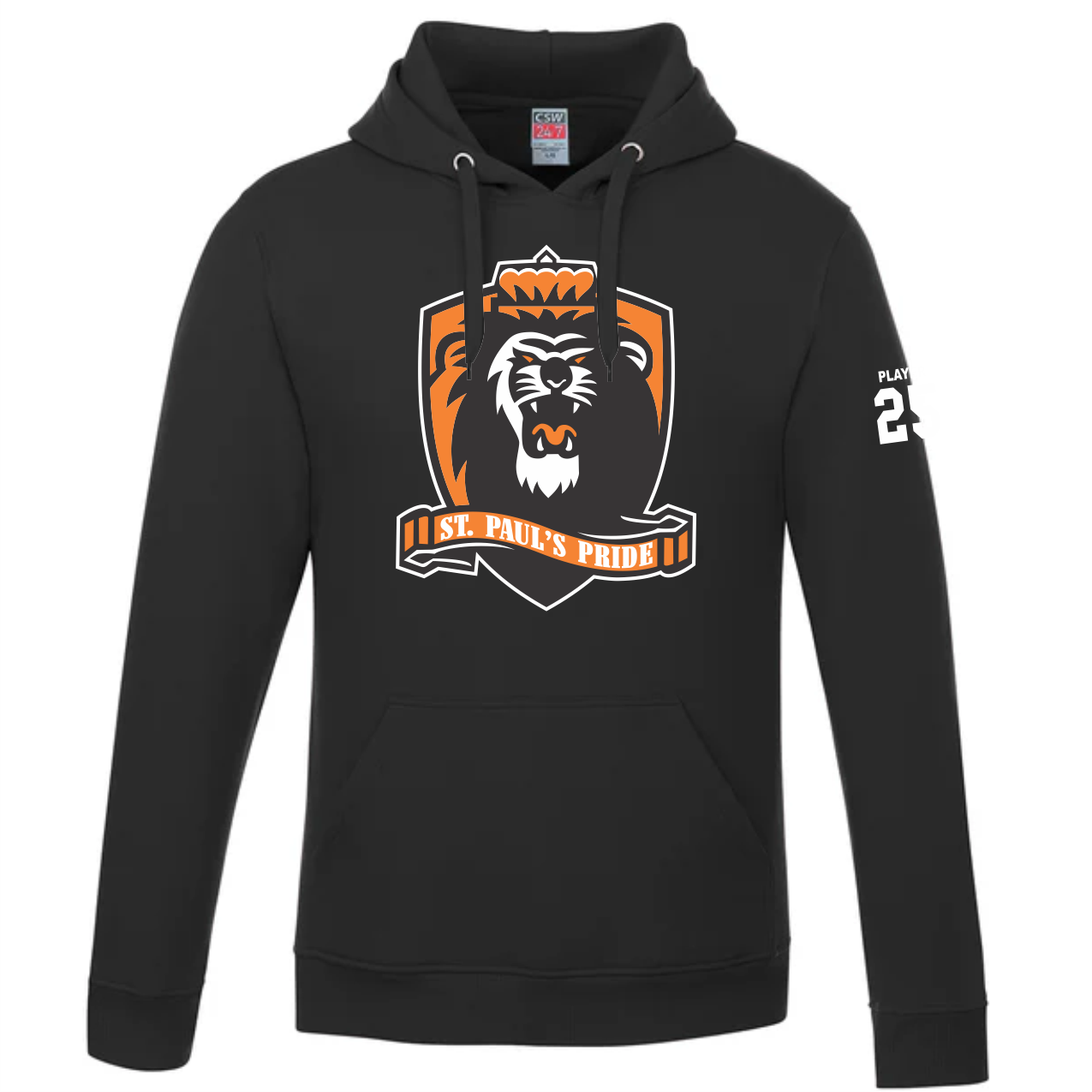 Canada Sportswear L0550 Vault 70% Cotton 30% Polyester black hoodie featuring the St. Paul's Pride logo, showcasing a lion's head with a crown and the text "St. Paul's Pride" below, along with the player's number 23 on the sleeve. Perfect for fans and supporters.