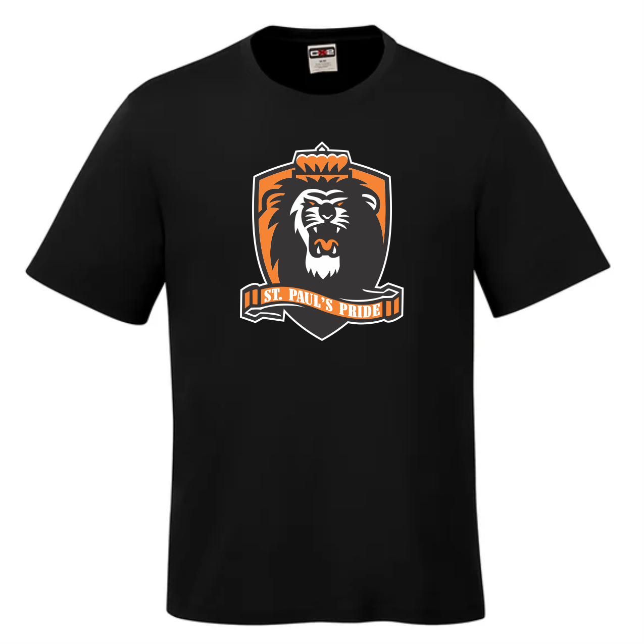 Canada Sportswear S05935 Coast 100% polyester wicking knit performance black t-shirt featuring a prominent lion graphic and "St. Paul's Pride" logo, ideal for sports fans and team support. Perfect casual wear for game days or everyday use.