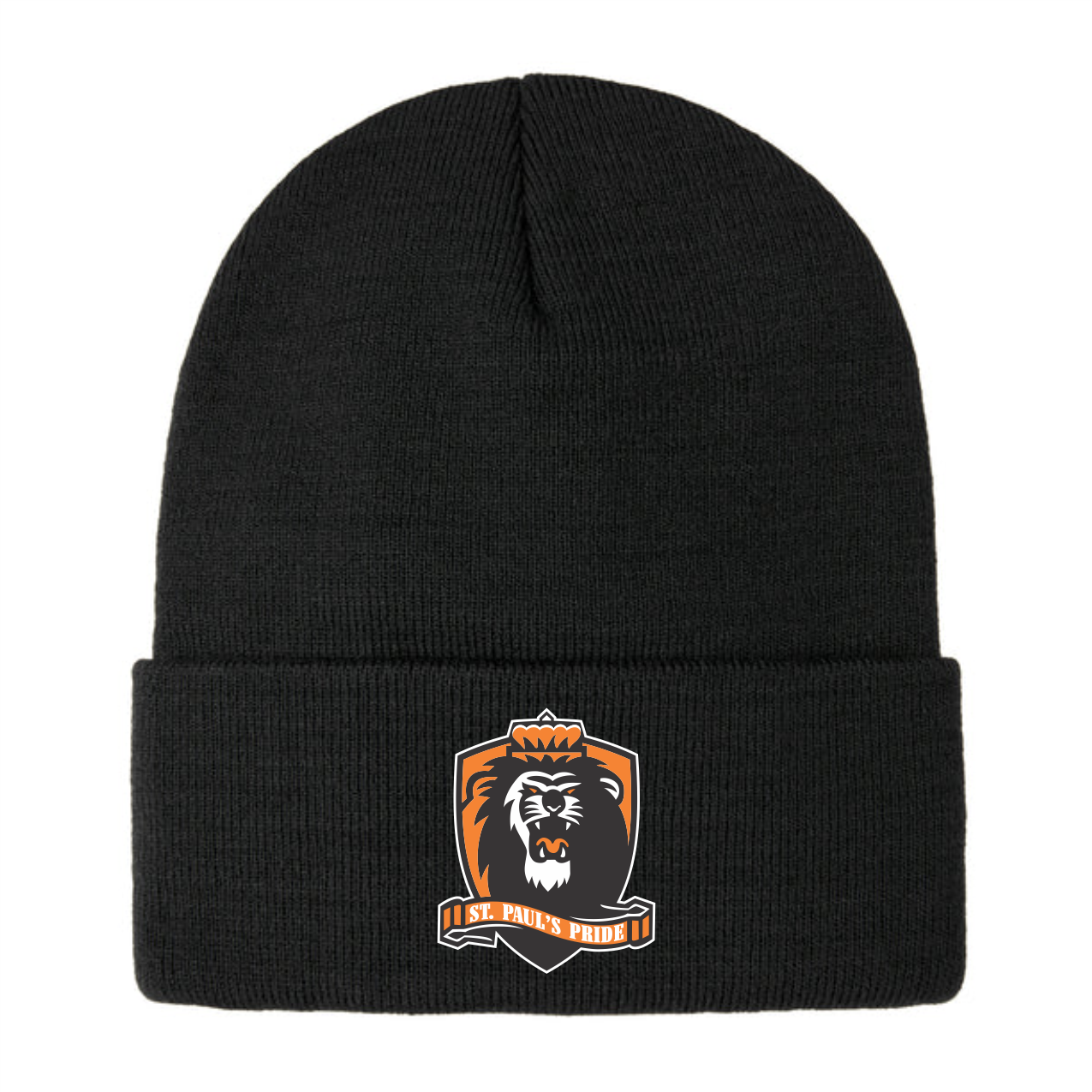 Sportsman SP12 12" 100% acrylic Solid Cuffed black knit beanie featuring a bold lion logo and the text "St. Paul's Pride," perfect for fans and supporters seeking stylish winter apparel.