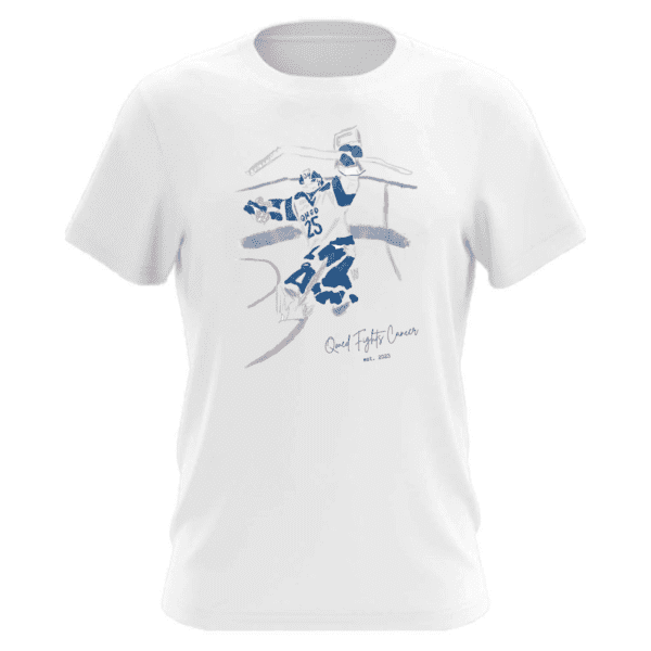 Gildan 2000 Ultracotton 100% cotton white t-shirt featuring a graphic design of a hockey player in action, showcasing the text "Owed Fights Cancer" with an establishment date of 2023.