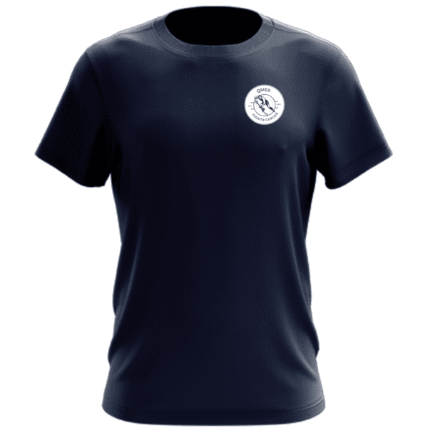 ATC 8000 Eurospun 100% ring spun cotton navy blue t-shirt featuring a circular logo with the text "QMED Points Cancer," designed for casual wear and awareness campaigns.