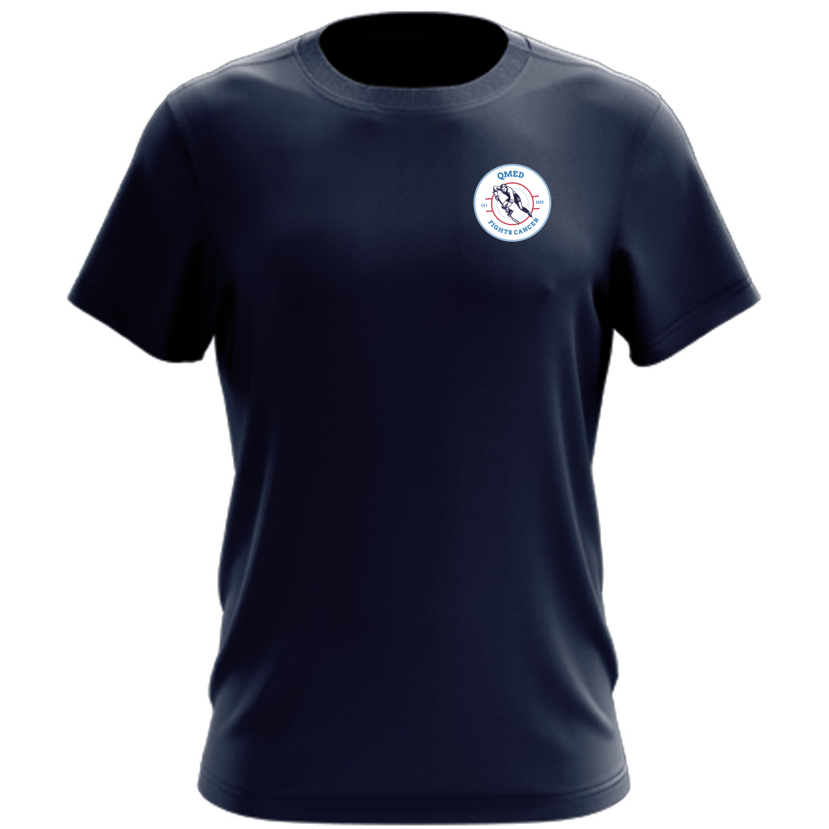 ATC 8000 Eurospun 100% ring spun cotton navy blue t-shirt featuring a circular logo with the text "QMED Points Cancer," designed for casual wear and awareness campaigns.