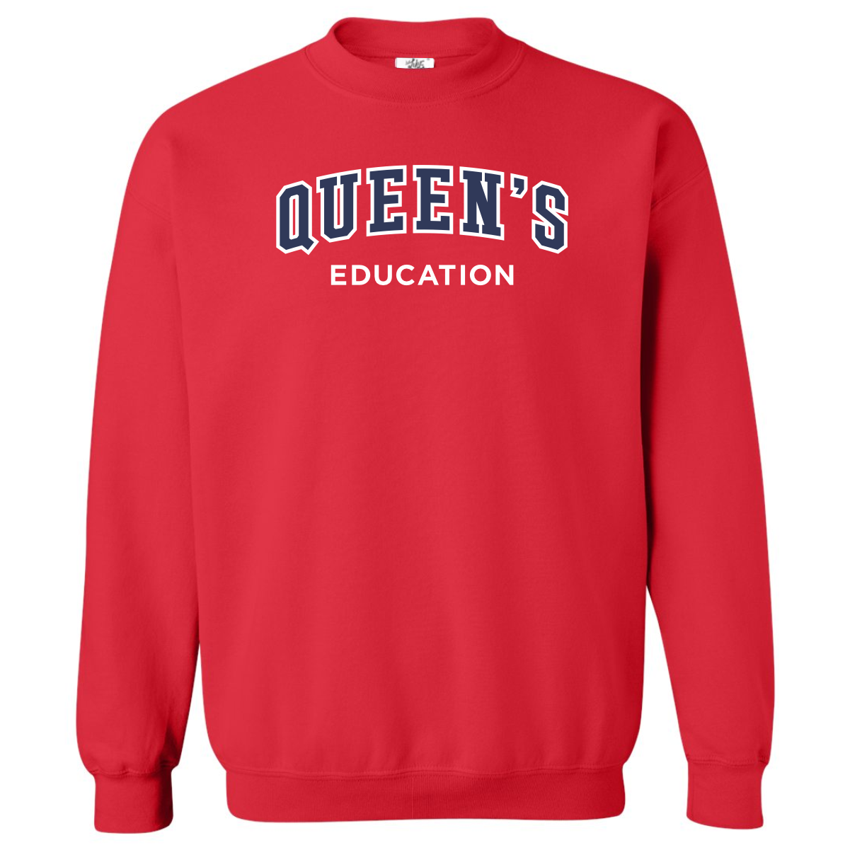 Just Like Hero 1020 55% Cotton 40% Polyester 5% Rayon red sweatshirt featuring the text "QUEEN'S EDUCATION" prominently displayed on the front, ideal for students, alumni, or supporters of Queen's University.