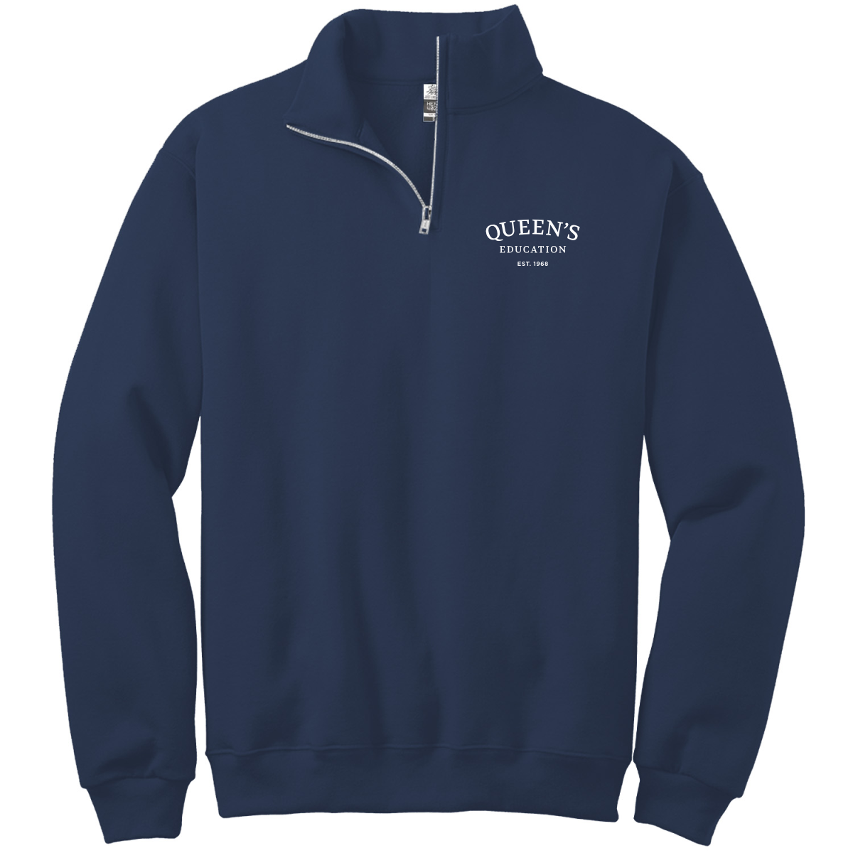 Just Like Hero 4020 55% Cotton 40% Polyester 5% Rayon Quarter-Zip Sweatshirt navy sweatshirt featuring "Queen's Education" and established date 1968, ideal for casual and educational environments.