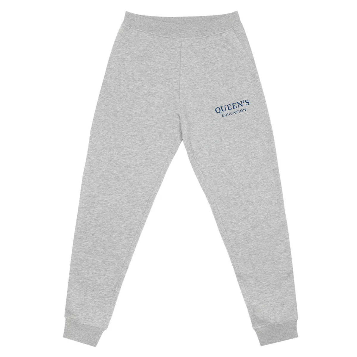queens_education_sweatpants_sport_grey Just Like Hero 5020R 60% Cotton 40% Polyester sport grey joggers featuring the text "QUEEN'S EDUCATION" printed on the left thigh, perfect for casual wear or lounging.