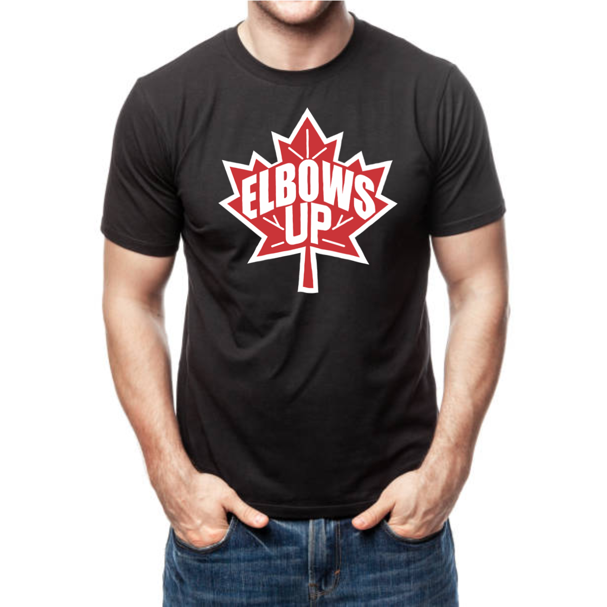 ATC Everyday 100% ring spun cotton black t-shirt featuring a bold, red graphic design with the words "ELBOWS UP" and a maple leaf, modeled by a man with hands in pockets. Ideal for casual wear and expressing a fun personality.