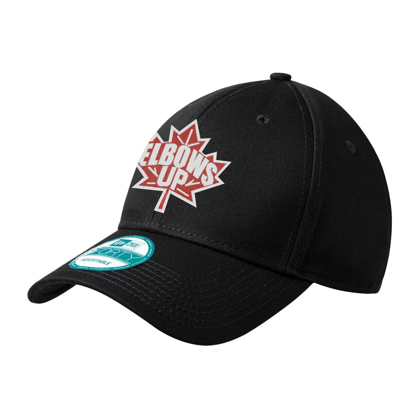 eu_new_era_9forty_front NEW ERA® ADJUSTABLE STRUCTURED CAP. NE200 black baseball cap featuring a bold "Elbows Up" graphic on a maple leaf design, ideal for casual outings and sports events. The cap is made from durable materials with a comfortable fit, making it a stylish accessory for fans and outdoor enthusiasts.