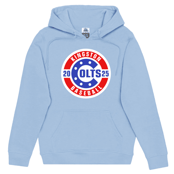 Just Like Hero 2020 60% Cotton 40% Polyester Light blue hoodie featuring a circular logo with "Kingston Colts 2025 Baseball" printed prominently in red and blue. Ideal for baseball fans and supporters of the Kingston Colts team.