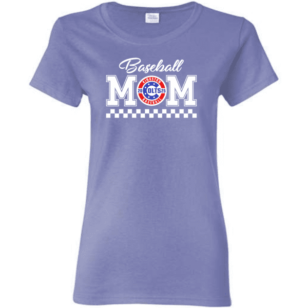 Gildan 5000L 100% cotton ladies' violet women's t-shirt with "Baseball MOM" graphic, featuring a circular logo and a checkered pattern, ideal for baseball team supporters or sports events.