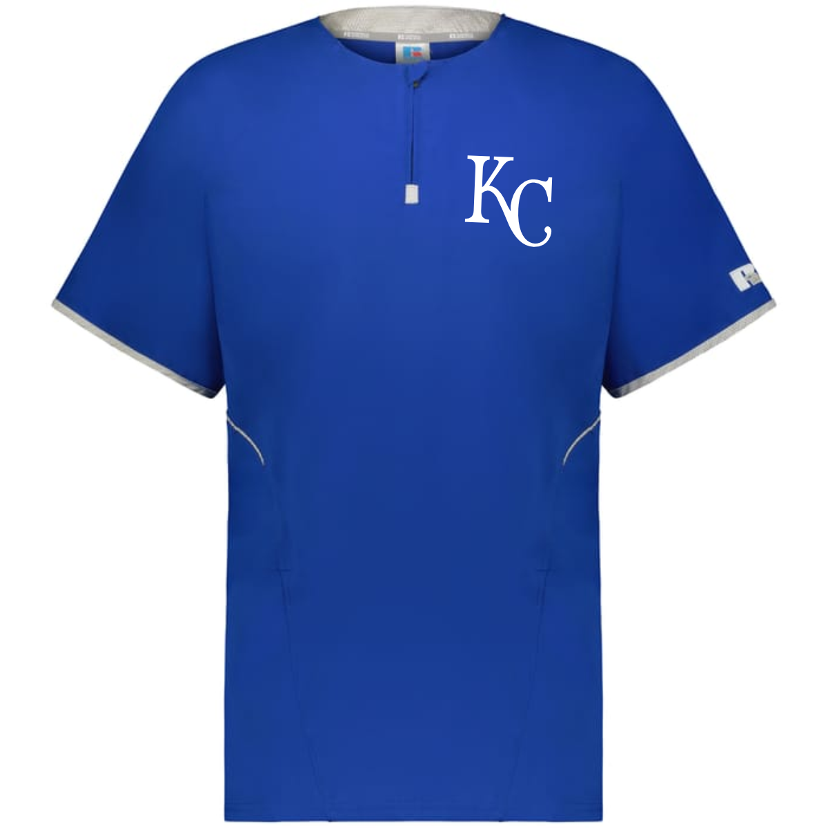 Russell Athletic 872RVM royal blue 1/4 zip baseball batting jacket featuring "KC" logo, designed for comfort and performance, suitable for sports or casual wear.